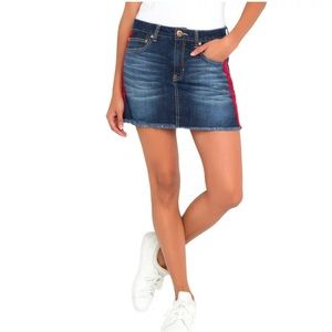 No Boundaries Dark Wash Distress Raw Hem Denim Jean Mini Skirt Side Red Stripes